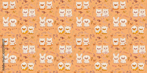 Animal friends in pairs dressed as ghosts go trick-or-treating. Pattern for festival packaging and paper on orange. Trick or treat. Halloween print.