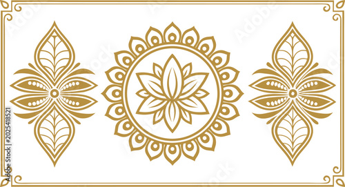 Intricate gold mandala and paisley patterns on cream background, set floral pattern