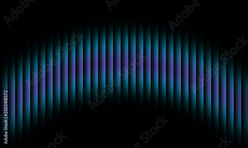 Abstract digital art photograph showing vertical glowing blue and purple light bars arranged in a curved arch on dark background