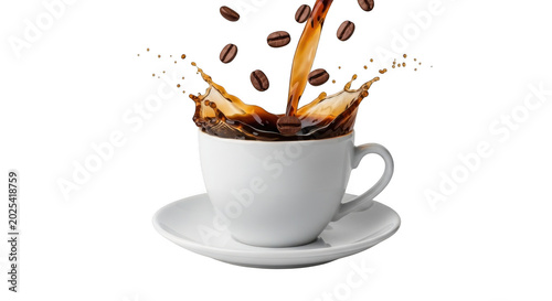 Hot coffee splashing into a white cup with falling beans, isolated on transparent background