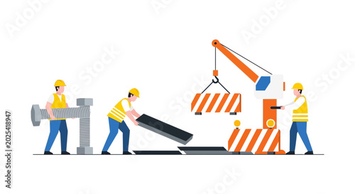 Foto Construction workers building with crane and materials
