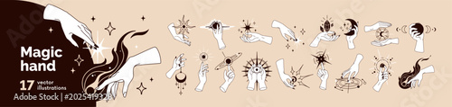 Magic spiritual symbols in witch hands set. Esoteric occult mysterious concep...