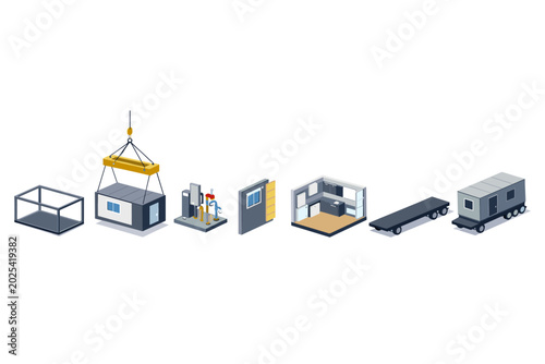 Modular construction process shown with isometric building components and transport