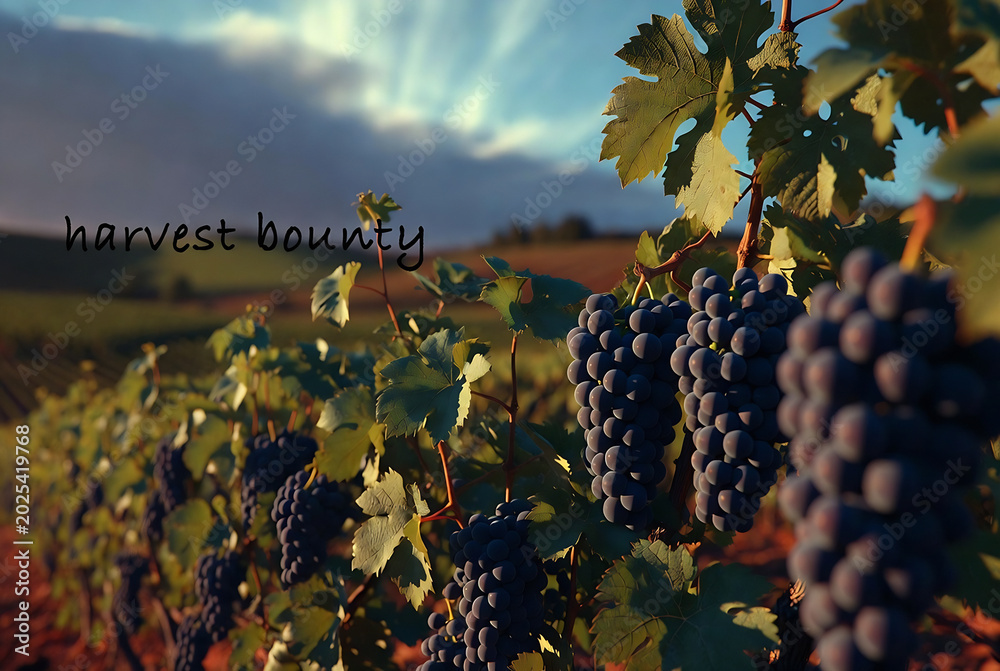 Obraz premium Ripe dark grapes hang on vines in a vineyard under a bright sky.