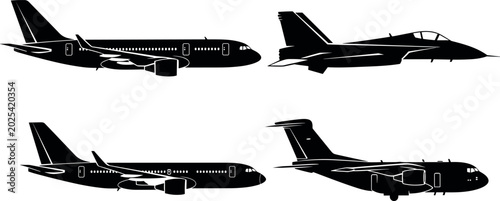 Konstfotografi Military aircraft silhouette collection featuring fighter jets cargo airplanes a