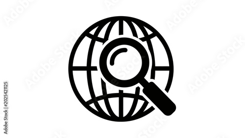 Foto A black icon of a magnifying glass over a globe, representing search