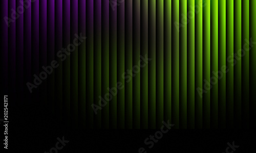 Vertical stripes display a vibrant gradient transition from deep purple to bright lime green in this abstract digital light photograph
