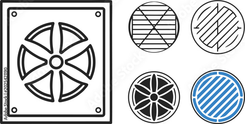 Foto Minimal black and white hvac ventilation system symbols on white background, hva