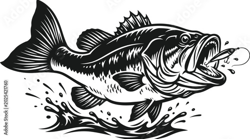 Fotografija Large mouth bass jumping out of water to bite lure
