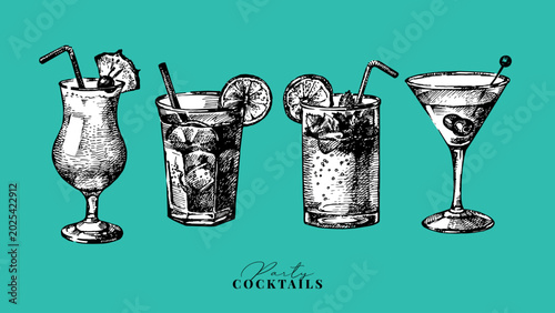 Photography Sketch vintage alcoholic cocktails set