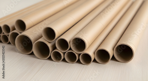 A close-up view of stacked cardboard tubes on a light surface