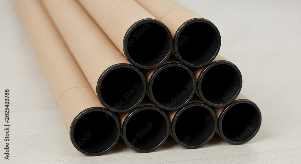 Fototapeta premium A stack of cardboard tubes lies on a surface indoors.