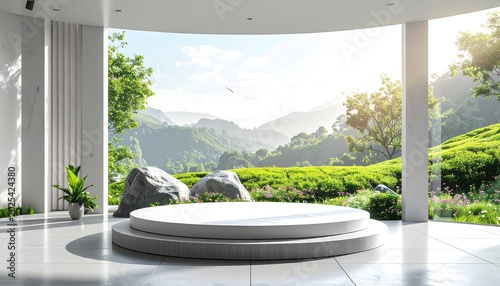 Modern interior with empty platform overlooking scenic mountain landscape