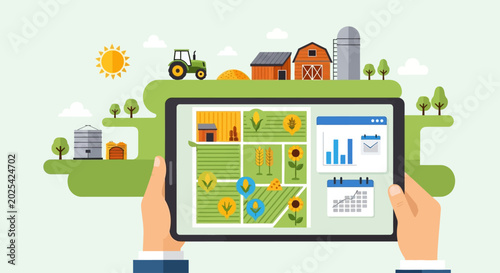 Modern agricultural technology displayed on a tablet screen, showcasing smart farming concepts and data analysis for crop management