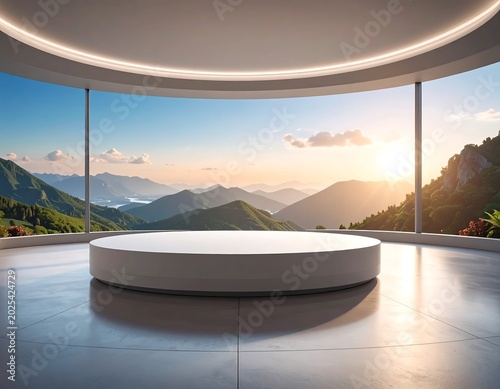 Modern interior with panoramic view of mountains at sunrise for product display