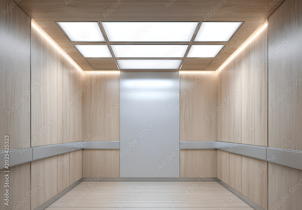 Fototapeta premium Interior perspective of an elevator cabin with light wood paneling, a reflective white panel, and a ceiling with integrated lights