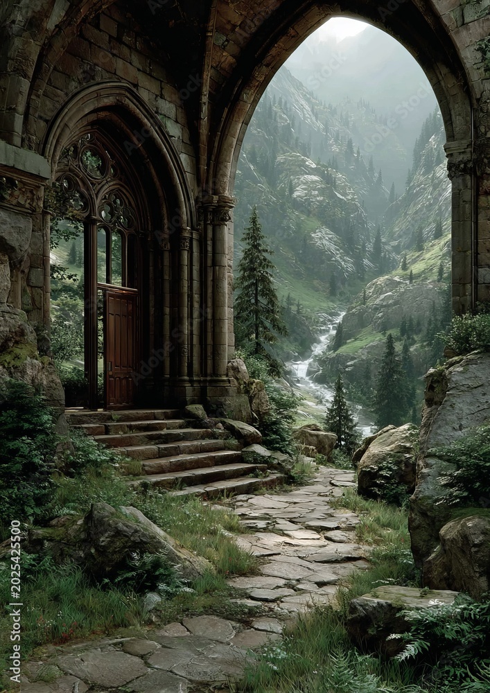 Obraz premium Mystical archway overlooking a serene forest landscape with a river.