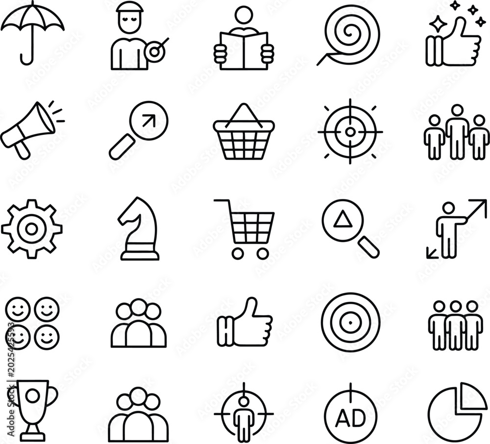 Fototapeta premium Collection of business and marketing with people targets and charts umbrella person with pointer
