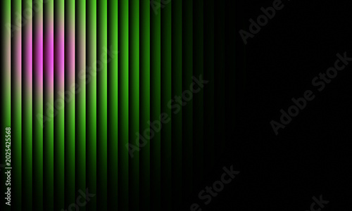 Abstract photograph showing vibrant neon green vertical light stripes with a soft purple glowing effect on a deep dark background