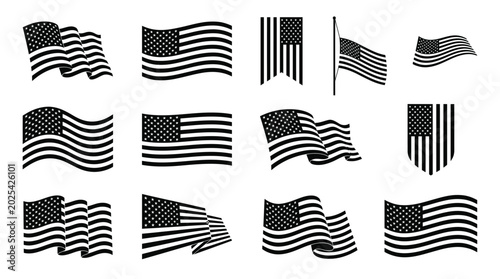 Bild auf Leinwand American flag vector icons set, black and white waving USA flags collection, pat