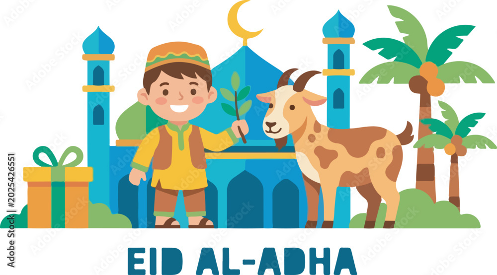 Naklejka premium Eid al-Adha Illustration with Muslim Boy, Sacrificial Goat, and Mosque