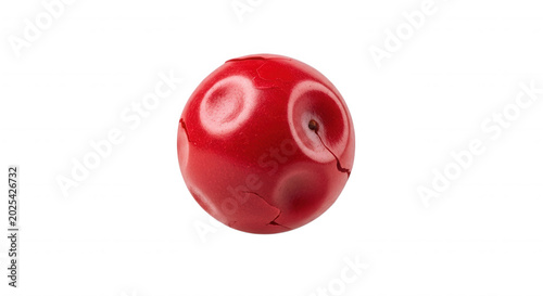 A single, bright red spherical with circular indentations and surface cracks, isolated against a solid black background