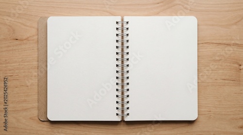 Open spiral notebook with blank pages on a wooden table