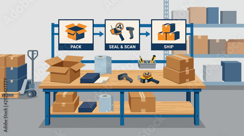 Warehouse Packing Station Logistics Scene