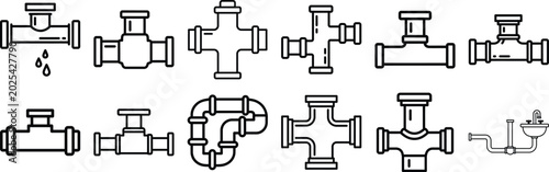 Fotografía Pipe Plumbing Vector Icon Set with Industrial Pipeline Connector and Water Suppl
