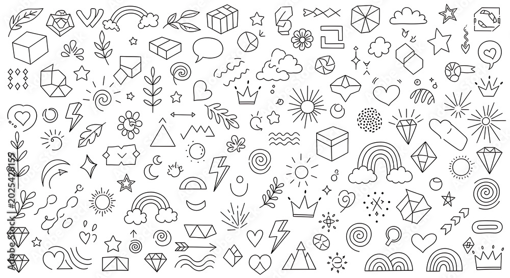 Fototapeta premium Diverse collection of whimsical hand-drawn doodle icons including rainbows stars and abstract shapes with sketches graphics elements drawings artistic patterns creative rainbows illustration