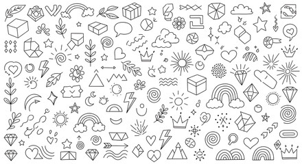 Diverse collection of whimsical hand-drawn doodle icons including rainbows stars and abstract shapes with sketches graphics elements drawings artistic patterns creative rainbows illustration