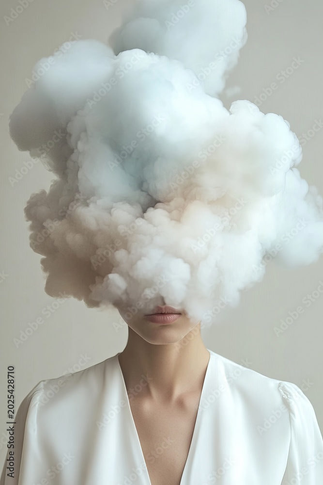 Obraz premium Surreal woman enveloped in clouds, representing introspection and overthinking, emotions in fog.