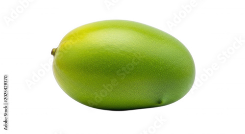 A single, fresh, whole green mango fruit isolated on a solid black background, showing smooth skin and a slight yellow gradient tint