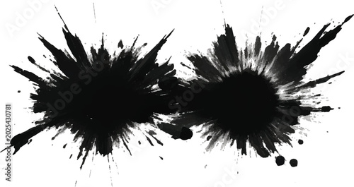Two black ink splashes with fine particles radiating outwards abstract art ink splash paint explosion liquid dynamic energetic motion texture