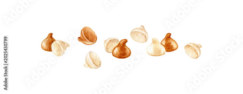 White chocolate and coffee chips isolated on background. Hand painted baking element watercolor illustration for dessert packaging, bakery branding, cafe menus and confectionery design.