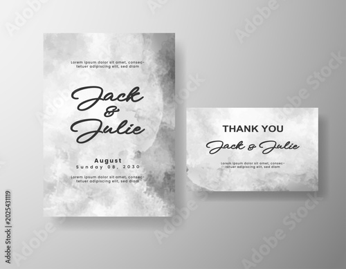 Luxury wedding stationery design with artistic watercolor splash and elegant script text arrangement 