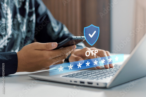 Canvastavla Close up of man verifying identity with OTP code on laptop for secure online tra