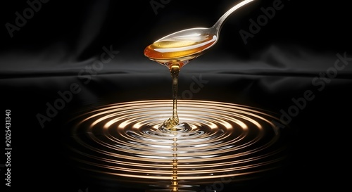 Levitating Spoon Dripping Golden Honey Onto Mirror Symbolizing Calm and Indulgence