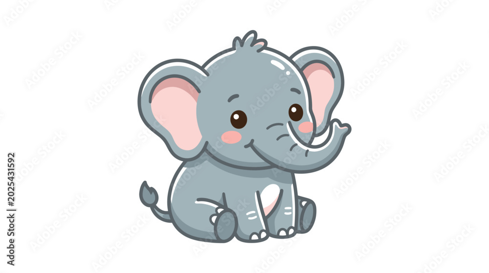 Fototapeta premium Cute Baby Elephant Sitting Waving Trunk Isolated White Background