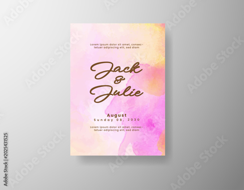 Luxury wedding stationery design with artistic watercolor splash and elegant script text arrangement 