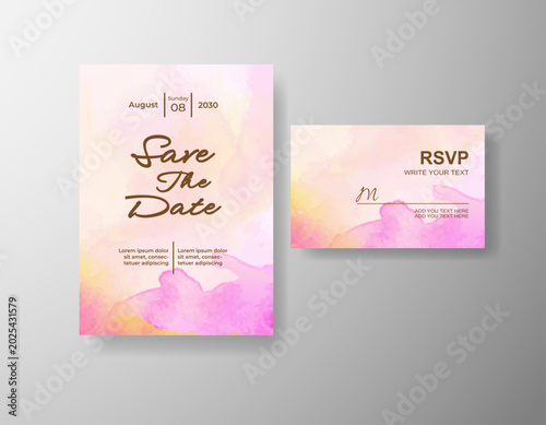 Luxury wedding stationery design with artistic watercolor splash and elegant script text arrangement 