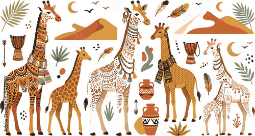 Photography Boho tribal giraffe vector element set with ethnic pattern safari animals desert