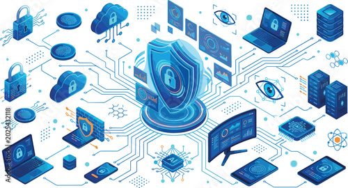 Photos Cybersecurity and data protection isometric vector infographic with network circ