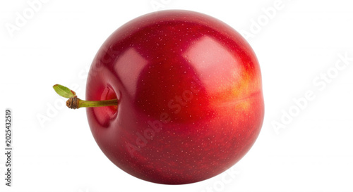 A single, round, ripe red plum with a small green leaf attached to its stem, isolated against a solid black background