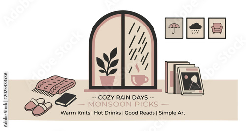 Warm Indoor Cozy Rainy Season Sale Flat Illustration Window Arch Modern Poster