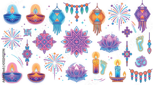 Schilderij op canvas Modern neon Diwali festival element set with glowing diya lamps mandalas hanging