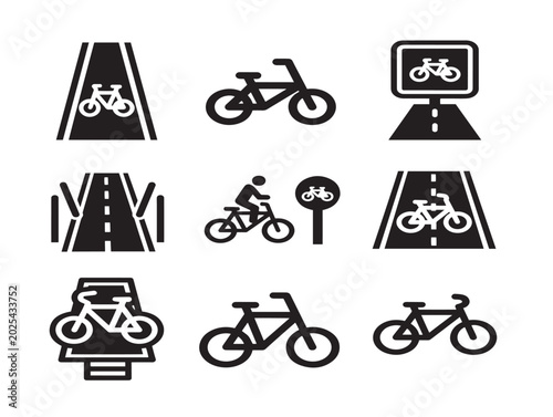 Set of bicycle lane and cycling icons in vector illustration style