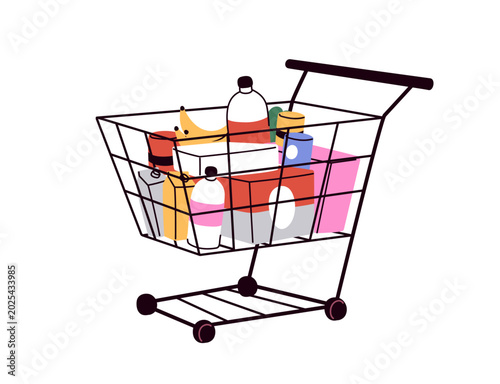 Supermarket cart full of food products, groceries. Shopping trolley on wheels...
