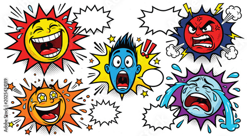 фотографія Pop art retro comic book style explosion element set with cartoon faces showing