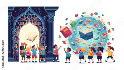 Children Discovering the World of Books: Young students, filled with wonder, gather around an ornate archway leading to a library, with books flying around them like a vibrant.